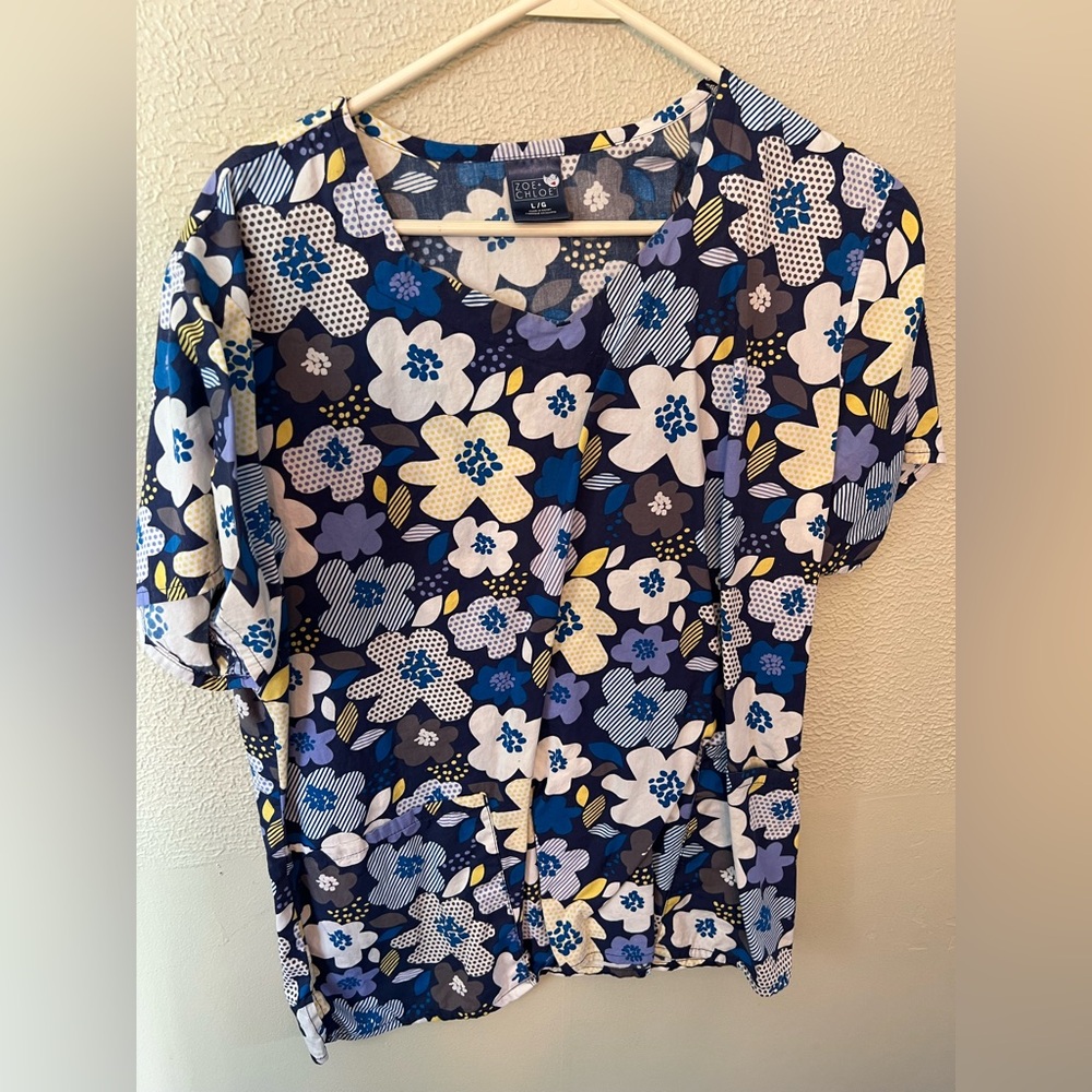 Floral Blue, Yellow and White Women's Scrub Top